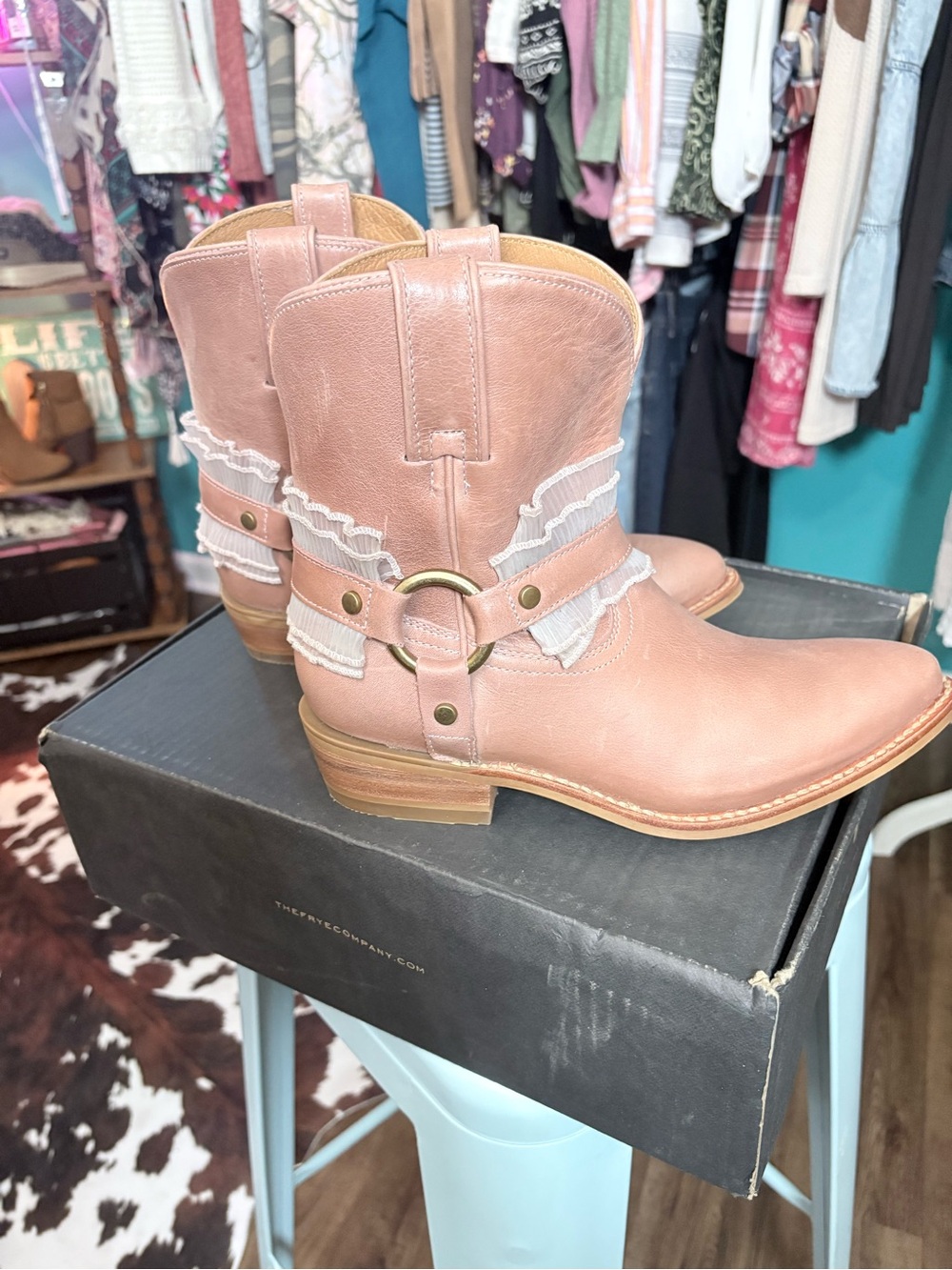 Frye Pink Leather Western Ankle Boots with Ruffle Strap
